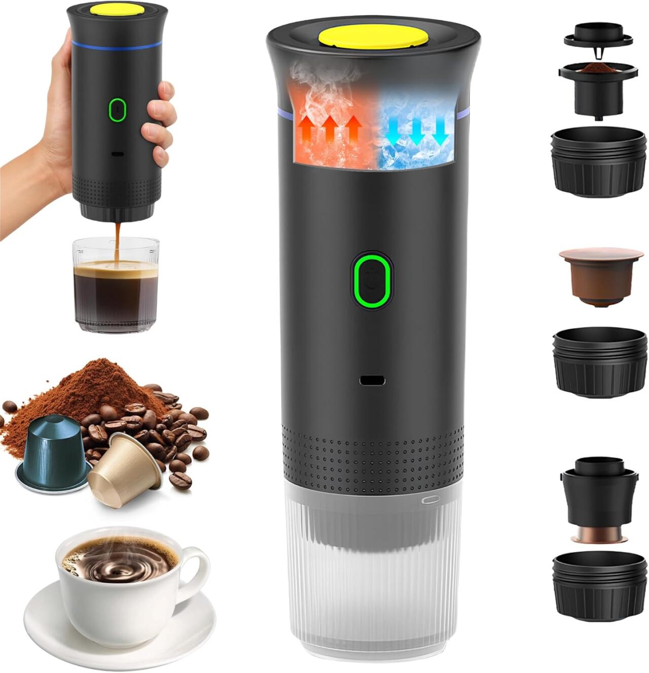 Cafetera Portátil 3 en 1 – Máquina de Café Espresso Compacta y Recargable para Cápsulas, Café Molido e Instantáneo