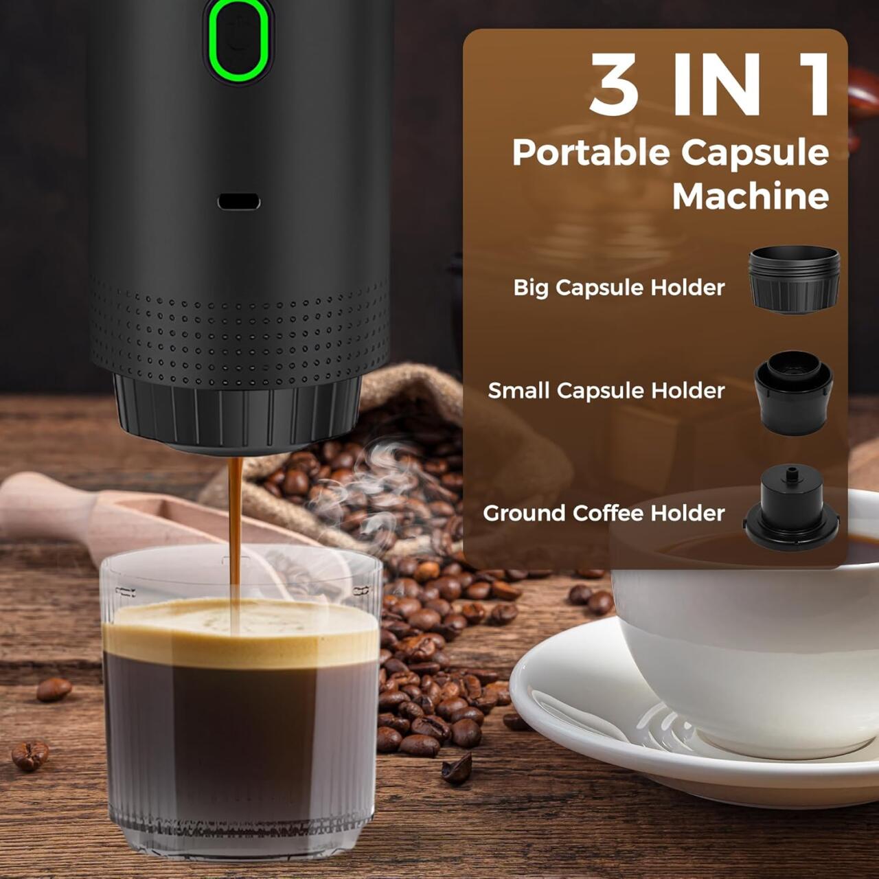 Cafetera Portátil 3 en 1 – Máquina de Café Espresso Compacta y Recargable para Cápsulas, Café Molido e Instantáneo